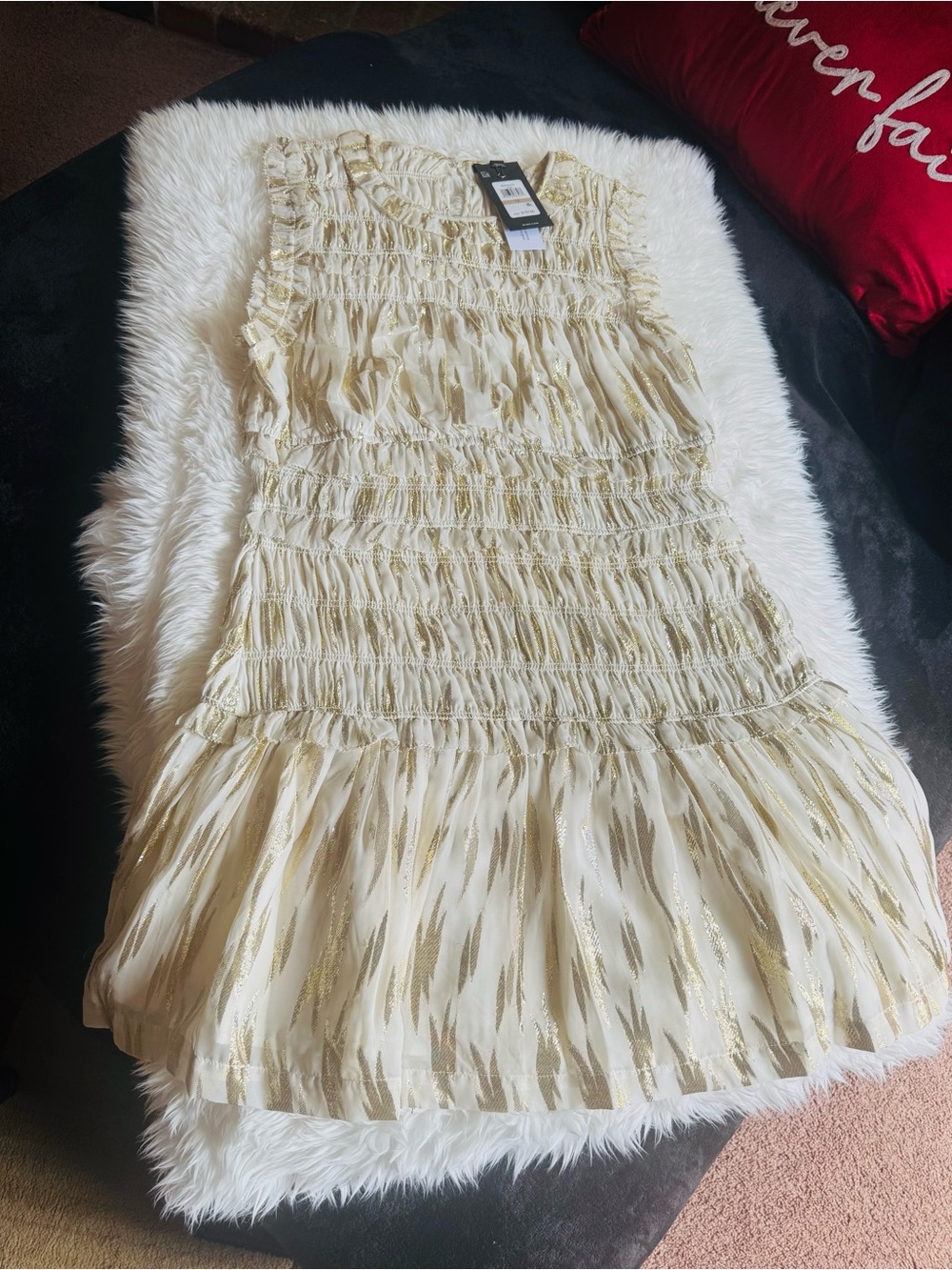 BCBG Cream and Gold Textured Smocked Dress